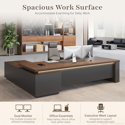 95" Reversible L-Shaped Executive Desk for CEO's Office - color: Red Walnut+graphite Gray, size: 95"L x 71"W