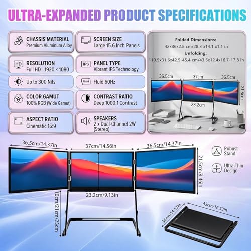 Triple Aero 15.6 Pro Max 3 Screen Monitor with 1080p FHD IPS Display, Ideal for Presentations and Remote Work, with 360° Rotation Adjustable Viewing Angles