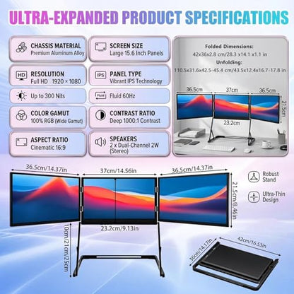 Triple Aero 15.6 Pro Max 3 Screen Monitor with 1080p FHD IPS Display, Ideal for Presentations and Remote Work, with 360° Rotation Adjustable Viewing Angles