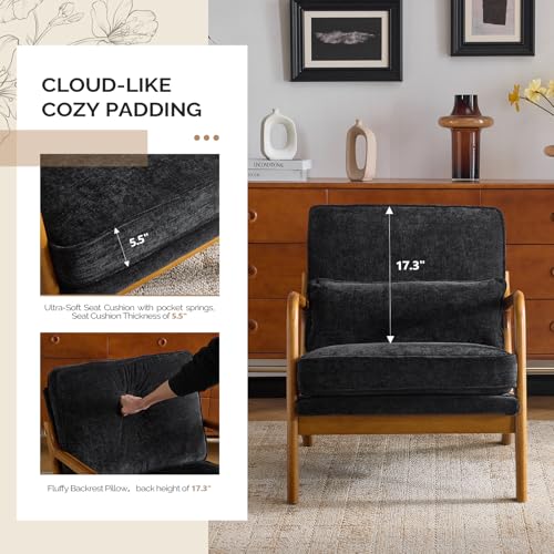 VINGLI Chenille Mid-Century Modern Accent Chair Set of 2, Cute Reading Arm Chair with Cushion & Lumbar Pillow & Solid Wood Frame for Lounge, Living Room, Reading Room, Bedroom, Black - color: Black