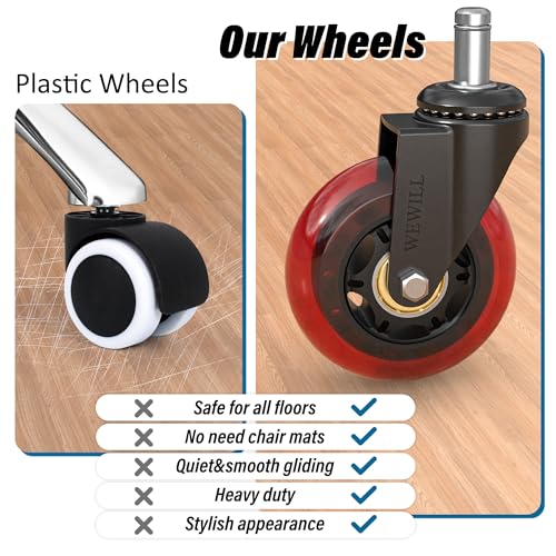 WEWILL Office Chair Wheels - Rubber Casters Replacement Universal Fit 98% Chair(Set of 5) Heavy Duty 3 Inch Smoothly & Quietly Safe for All Floor, Hardwood, Tile, Carpet, Noise Free - Red - color: Red