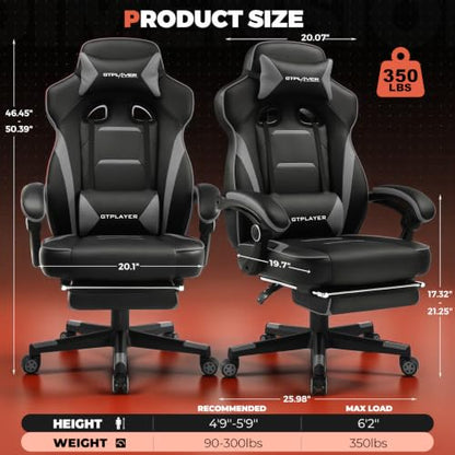 GTPLAYER Gaming Chair with Footrest, 350LBS Big and Tall Office Chair, Ergonomic High Back Lumbar Support and Recliner for Back Pain Relief, Moon Gray - color: Moon-gray