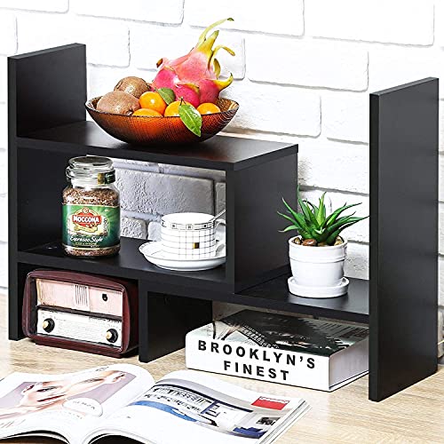 Sorfity Desktop Bookshelf Desk Storage Organizer Adjustable Wood Desktop Display Shelf Rack Counter Office Storage Rack Top Bookcase - Free Style Display Natural Stand Office Supplies Desk Organizer - color: Black