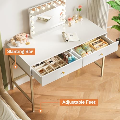 SUPERJARE White and Gold Vanity Desk with Drawers, 47 inch Computer Desk - color: White and Gold, size: 47 inch