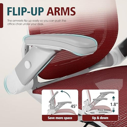 GABRYLLY Ergonomic Office Chair, High Back Home Desk Chair with 2D Flip-Up Arms, 3D Headrest, 90-120° Tilt and Wide Cushion, Big and Tall Mesh Chairs for Man Woman, Computer Task Chair Red - color: White Frame Red Mesh