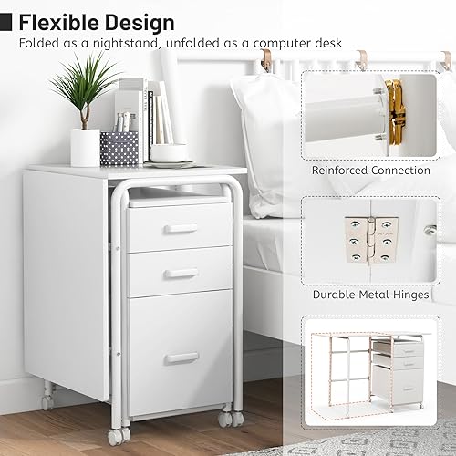 Giantex White Folding Desk for Small Space, Rolling Home Office Desk with 3 Drawers & Lockable Universal Wheels, Mobile Study Writing Desk for Dorm Apartment Bedroom - color: White