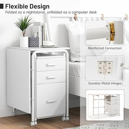 Giantex White Folding Desk for Small Space, Rolling Home Office Desk with 3 Drawers & Lockable Universal Wheels, Mobile Study Writing Desk for Dorm Apartment Bedroom - color: White