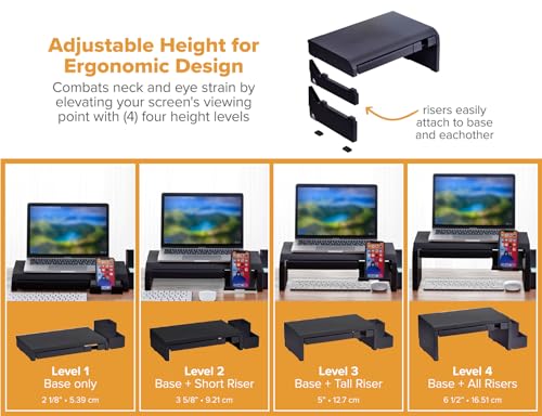 Bostitch Konnect Adjustable Monitor Riser with Drawer, Cell Phone Stand & Pencil Holder, Laptop Stand for Desk, 4 Height Levels, Cable Management & Rubber Feet - color: Black, style: Deluxe Laptop Stand Kit