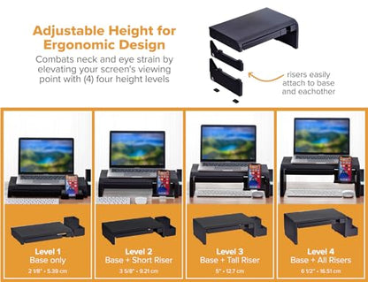 Bostitch Konnect Adjustable Monitor Riser with Drawer, Cell Phone Stand & Pencil Holder, Laptop Stand for Desk, 4 Height Levels, Cable Management & Rubber Feet - color: Black, style: Deluxe Laptop Stand Kit