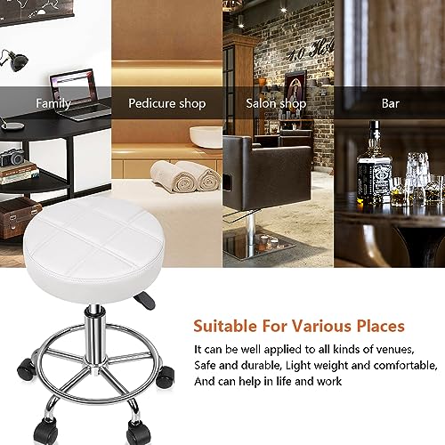 KKTONER Round Rolling Stool Chair PU Leather Height Adjustable Swivel Drafting Work SPA Shop Medical Salon Stools with Wheels Office Chair Small (White) - color: White