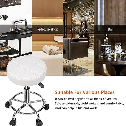 KKTONER Round Rolling Stool Chair PU Leather Height Adjustable Swivel Drafting Work SPA Shop Medical Salon Stools with Wheels Office Chair Small (White) - color: White