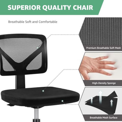 Armless Mesh Office Chair, Ergonomic Low Back Deskchair, Adjustable Rolling Task Computer Swivelchairs for Small Spaces Home Bedroom Study, Black - color: Black