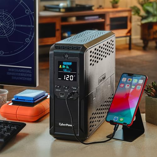 CyberPower CP1500AVRLCD3 Intelligent LCD UPS Battery Backup | 1500VA/900W, 12 Outlets, 2 USB Ports, AVR, Mini Tower, UL Certified - size: 1500VA with USB