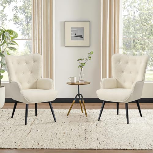 Furniliving Boucle Accent Chair for Living Room, Upholstered Reading Chair with High Backrest, Tufted-Button Wingback Armchair for Bedroom, Dressing Room, Home Office, Ivory White, Set of 2 - color: White, size: Set of 2