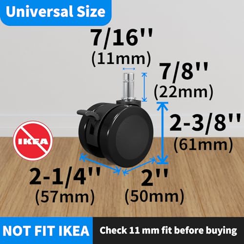 MySit 11x22mm Office Chair Caster with Brake for Hardwood Floors Set of 5 | Heavy Duty Mute PU Stool Caster Wheels Replacement Easy Installation - size: 11x22mm(Large Stem)