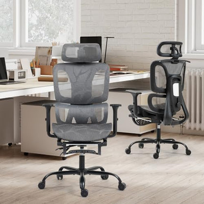 Grey Mesh Ergonomic High Back Office Chair with Footrest | Adjustable Lumbar Support, Headrest, Armrests, Reclining, Swivel, Rolling Casters, Sturdy Base, for Home Office & Gaming - color: Grey, style: Upgrade w/ footrest