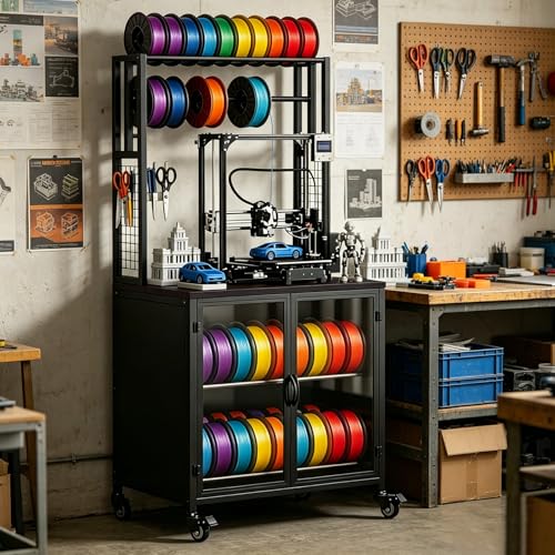 3D Printer Stand with Filament Storage, Heavy Duty 29.5" Printer Table Cart with Cabinet, Dustproof & Moisture-Proof Rolling Stand with 360° Wheels for Workshop, Studio, Office, Black