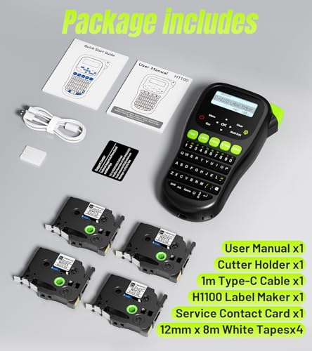 Label Maker Machine with 4 Tapes, Wire Label Maker Waterproof-Labels | Laminated Handheld Label Printer, Backlit & Portable & 3 Cable Mode, VolenGo H1100 Labeler for Industrial Office Organization - color: Black, style: Label maker with 4 Tapes