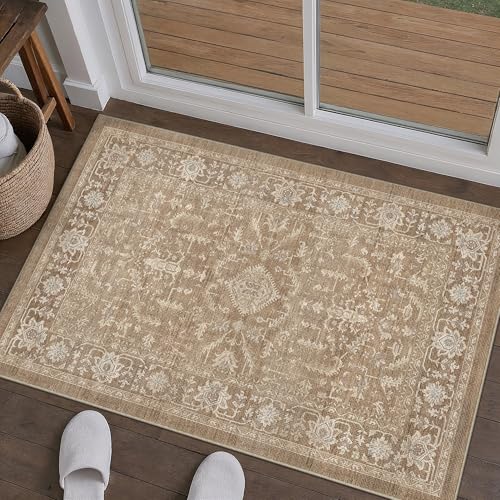 2x3 Brown Entryway Rug Vintage Area Carpet Indoor Kitchen Washable Door Mat Entrance Small Low Pile Traditional Distressed Retro Accent Throw Boho Rug Non Slip Office Bathroom