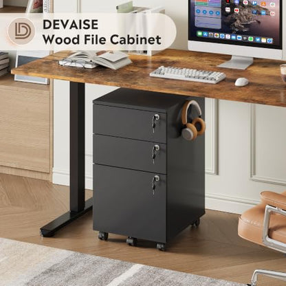 DEVAISE 3 Drawer Wood File Cabinet with Individual Locks, Black - color: Black