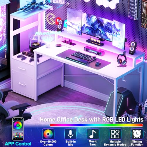 Aheaplus Gaming Desk with LED Strip & Power Outlet, 59Inch Reversible Computer Desk with Monitor Stand & Storage Shelves, Home Office Desks with Fabric File Drawer, Gamer Table PC Desk, White - color: White
