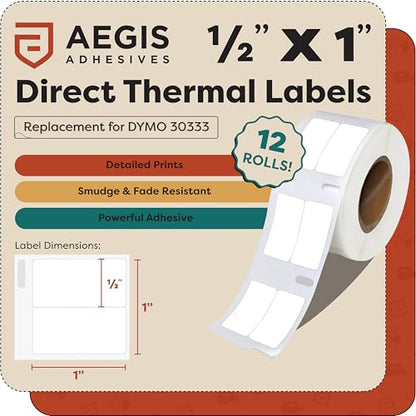 Replacement for DYMO 30333 (12 Rolls, 12000 Labels) 1/2" X 1" | Direct Thermal Barcode and Address Labels 2-Up - Compatible with LabelWriter 450, 450 Turbo, 4XL (NOT 550, 5XL) - size: 1/2" X 1" - 30333