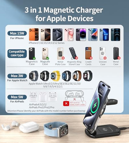 Mukiya 3 in 1 Magnetic Wireless Charging Station for Apple Devices | Fast Foldable Travel Charger Stand with Night Light for Mag-enabled iPhone 17 16 15 14 13 12 Series, Apple Watch/AirPods Pro - color: Upgraded Black
