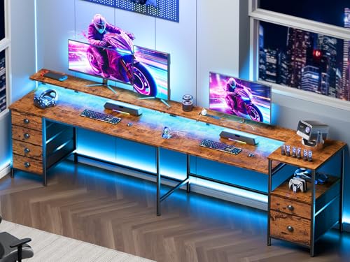 Furologee 95'' Two Person Computer Desk with 6 Drawers, LED, Rustic Brown - color: Rustic Brown