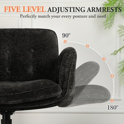 Criss Cross Chair with Wheels & Arms, Chenille Cross Legged Office Chair with 5-level Folding Armrest, Comfortable Adjustable Swivel Vanity Chair for Home, Make Up, Bed Room, Office, Accent (Black). - color: Black, style: Modern