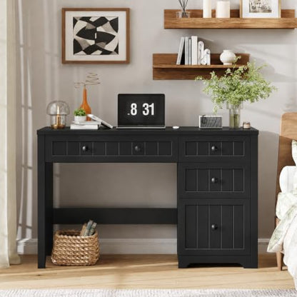 Vabches Farmhouse Executive Desk with 4 Drawers, Home Office Desk with File Drawer, Wood Computer Desk with Storage, Rustic Office Desk for Work Study Writing, Pure Black - color: Pure Black