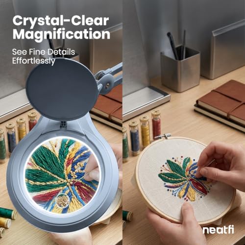 Neatfi LED Bifocal Magnifying Lamp 1,200 Lumens – 5” Glass Lens, Dual Magnification 2.25X/6X, Dimmable | Adjustable Arm with Clamp | Crafting, Jewelry & Reading (5 Diopter + 20 Diopter, Gray) - color: Gray, size: 5 Diopter + 20 Diopter