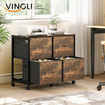VINGLI 4 Drawer Mobile File Cabinet with Wheels Filing Cabinet Under Desk File Cabinet, Fabric Drawers Printer Stand for Home Office, Fits Letter Size, Rustic Brown - color: Rustic Brown, size: 4 Drawers