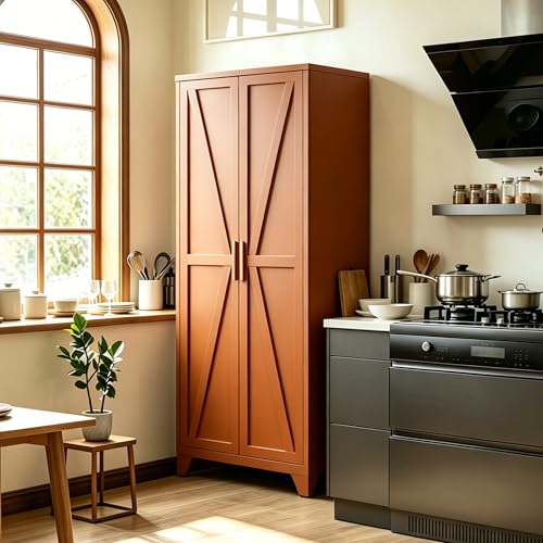 Bevivog Tall Rust Brown Storage Cabinet, 71" Metal Pantry Cabinet with 2 Doors and 4 Adjustable Shelves, Industrial Farmhouse Metal Pantry Cabinet for Kitchen Garage - color: Rust Brown, size: 71"H-2 Doors