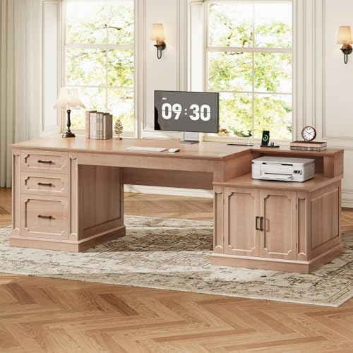 SEDETA Farmhouse 70.9" Executive Desk, Home Office Desk with File Drawers and Storage Cabinet, Computer Desk with Power Outlet for Home Office, Work Study Writing, Oak - color: Oak, size: 70.9" Executive Desk