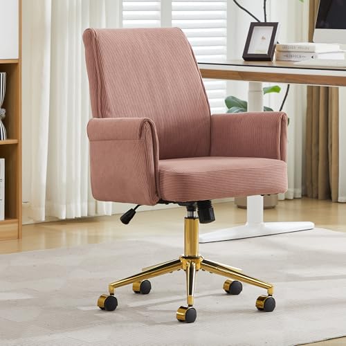 YITAI Stripes Velvet 360°Swivel Desk Chair, Modern Height Adjustable Home Office Armchair with Gold Base and Wheels for Vanity, Comfy Computer Chair for Study Living Room Bedroom（Rose Red） - color: Rose Red