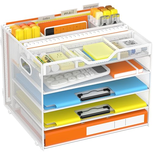 Docnest 5 Tier Desk Organizer with Hanging File Folder Holder&Tray, White - color: White, size: 12.6"x11.8"x10.3"