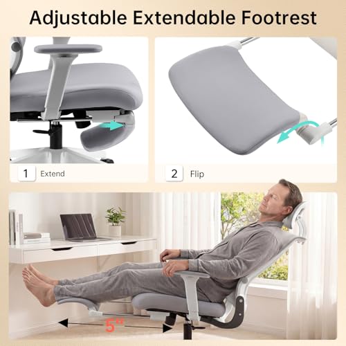 Ergonomic Foldable Office Chair with Footrest and Lumbar Support, Grey | Compact desk chair with space-saving folding design, 2D headrest, 2D armrests, computer cahirs for home office - color: Grey