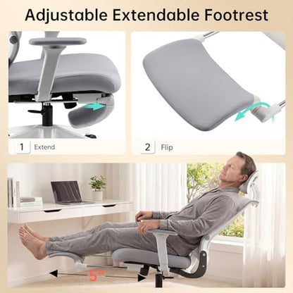 Ergonomic Foldable Office Chair with Footrest and Lumbar Support, Grey | Compact desk chair with space-saving folding design, 2D headrest, 2D armrests, computer cahirs for home office - color: Grey