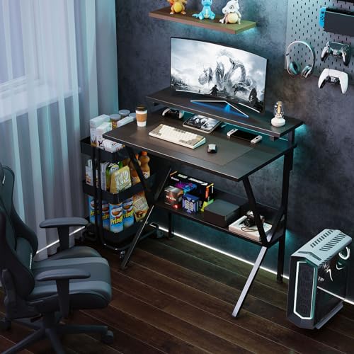 COTUBLR Small Desk, 27.5 Inch Small Computer Desk for Small Spaces, Computer Desk with Adjustable Monitor Stand, Compact Desk with Storage, Tiny Desk Study Desk for Bedroom Home Office, Black - color: Black