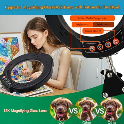 15X Magnifying Glass Desk Lamp with Metal Base, 5 Color Modes 10 Levels Adjustable Brightness, 360° Rotatable Flexible Aluminum Arms – Ideal for Reading, Crafting, Close Work, Eye-Caring Table Lamp