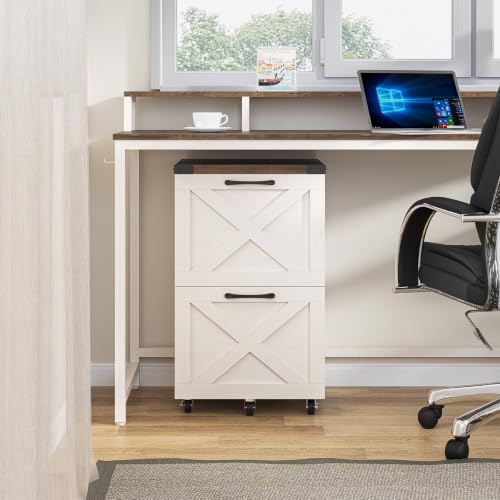 Halitaa Farmhouse 2 Drawer Small File Cabinet with Wheels, White and Brown | Vertical Filing Cabinet Fits A4 or Letter Size, Wooden Printer Stand, Under Desk Rolling File Cabinet for Home Office - color: White and Brown
