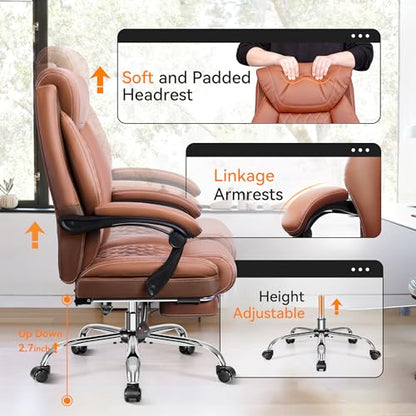 Office Chair, Executive Leather Chair Adjustable High Back, Ergonomic Computer Desk Chair Lumbar Support, Big and Tall Office Chair with Footrest, Comfy Reclining Chair for Home Office - color: Brown, style: With Footrest
