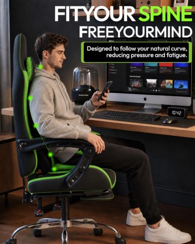 Dowinx Ergonomic Gaming Chair with Footrest & Massage Lumbar, 2D-Linkage Armrests for Computer Chair 330lbs with Headrest Pillow for Office, Home, Streaming and Long Gaming Sessions, Green - color: Green