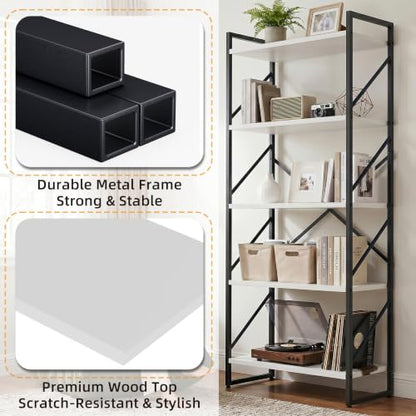 JAMFLY 5 Tiers Bookshelf, Classically Tall Bookcase Shelf,Industrial Book Rack,Modern Book Holder in Bedroom/Living Room/Home/Office, Ivory - color: Ivory
