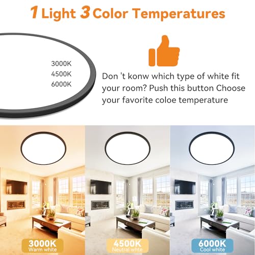 slochi 1PACK LED Flush Mount Ceiling Light Fixture, 3000K-4500K-6000K & 150W Equivalent Modern Kitchen Ceiling Lamp 36W 3600Lm 16 Inch Closet Round Surface for Bathroom Laundry Bedroom Hallway, Black - color: Black, size: 16Inch-1Pack