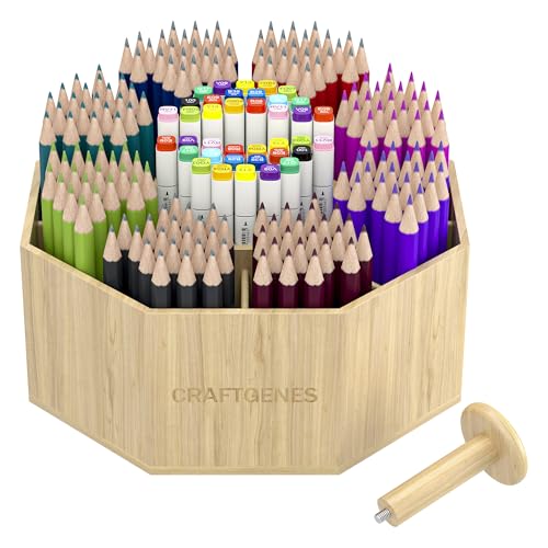 CraftGenes Bamboo Rotating Pen Organizer for Desk with 10 Compartments