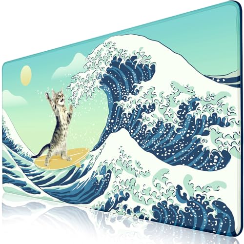 Funny Cat Desk Mat, Desk Matt for Desktop, Surfer Cat DeskPad Mat, XXL Large Mouse Pad for Desks, Anti-Slip Big Mousepad with Stitched Edges, Keyboard Mats for Computer, Work, Office, Game, Home - color: Funny Surfer Cat Battle Great Waves, size: 31.5L x