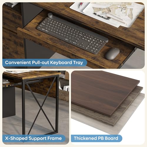 Bestier Office Desk with Drawers, 55 inch Industrial Computer Desk with Storage, Wood Teacher Desk with Keyboard Tray & File Drawer for Home Office, Rustic Brown - color: Rustic Brown