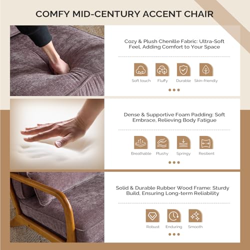 VINGLI Chenille Mid-Century Modern Accent Chair Set of 2, Cute Reading Arm Chair with Cushion & Lumbar Pillow & Solid Wood Frame for Lounge, Living Room, Reading Room, Bedroom, Light Purple - color: Light Purple