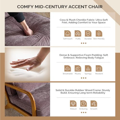 VINGLI Chenille Mid-Century Modern Accent Chair Set of 2, Cute Reading Arm Chair with Cushion & Lumbar Pillow & Solid Wood Frame for Lounge, Living Room, Reading Room, Bedroom, Light Purple - color: Light Purple